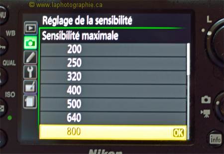 Photo du r�glage de la sensibilit� ISO maximale